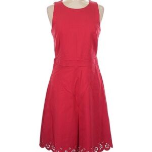 LOFT Bright Red Sleeveless Midi Dress with Scalloped Eyelet Hem